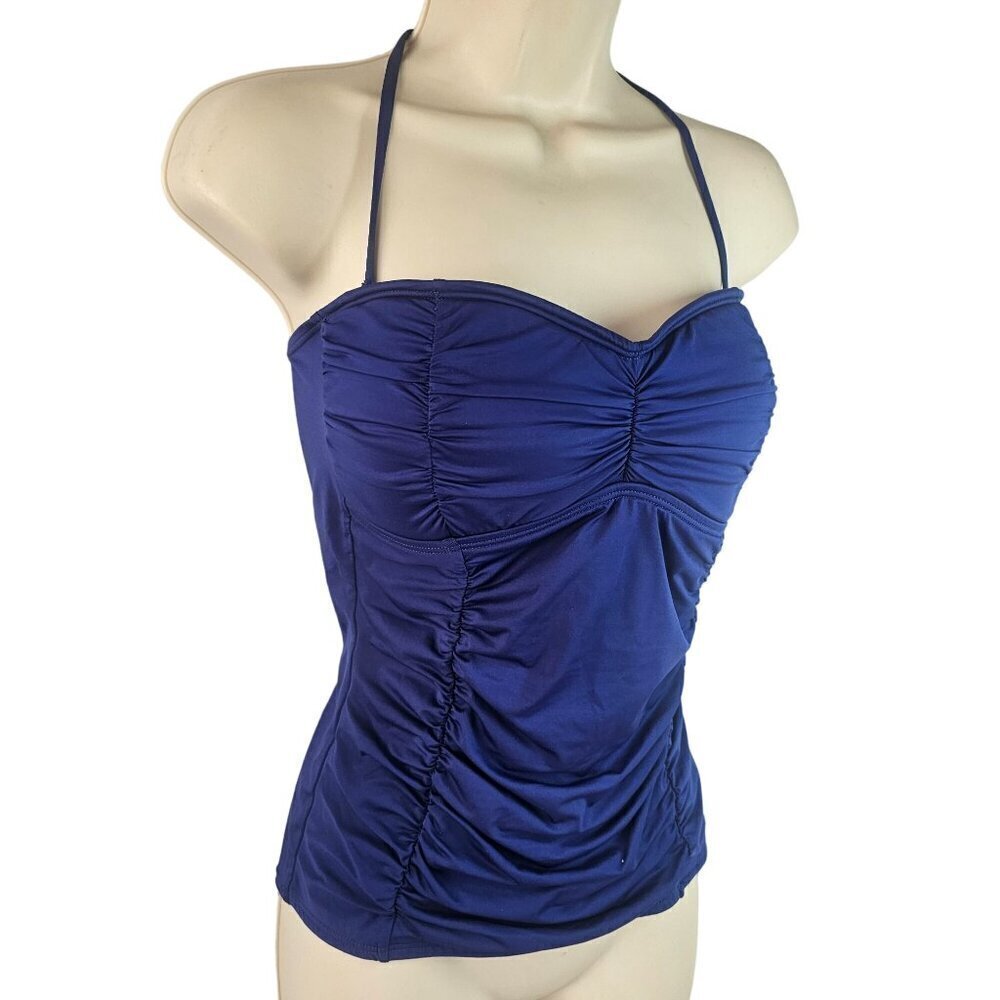 Tommy Bahama Ruched Halter Tankini Swimsuit Top SzM Royal Blue Built in Bra NEW